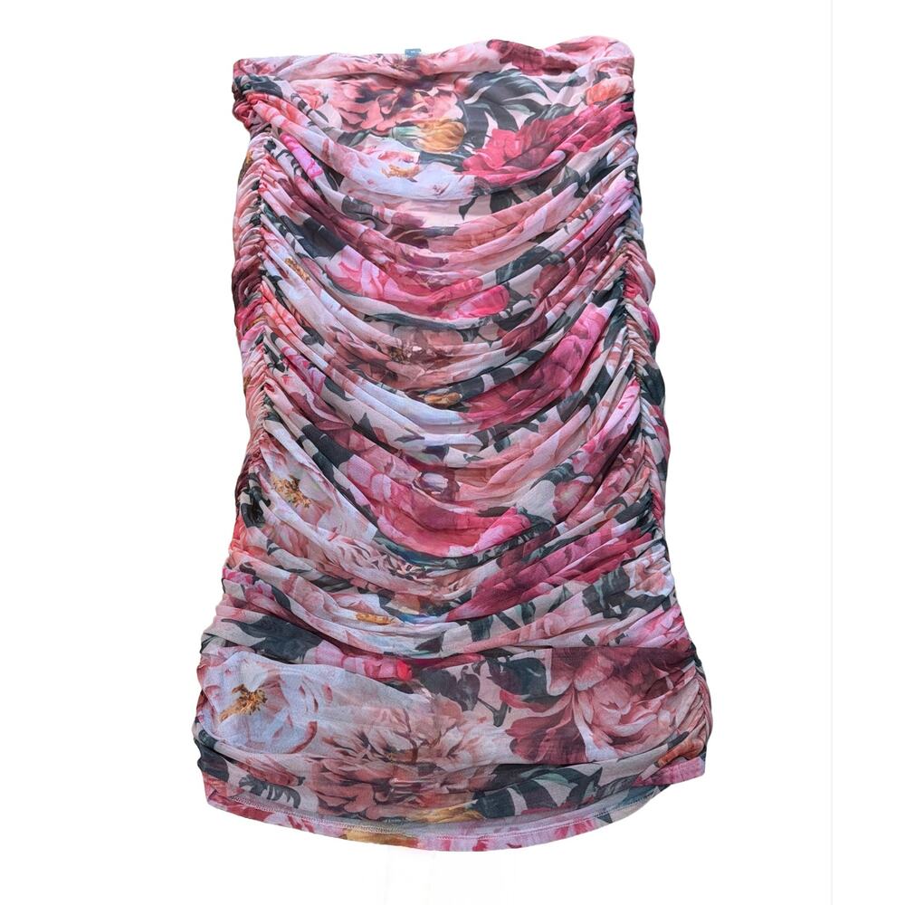 Express Pink Floral Ruched Strapless Minidress Large cottagecore garden feminine